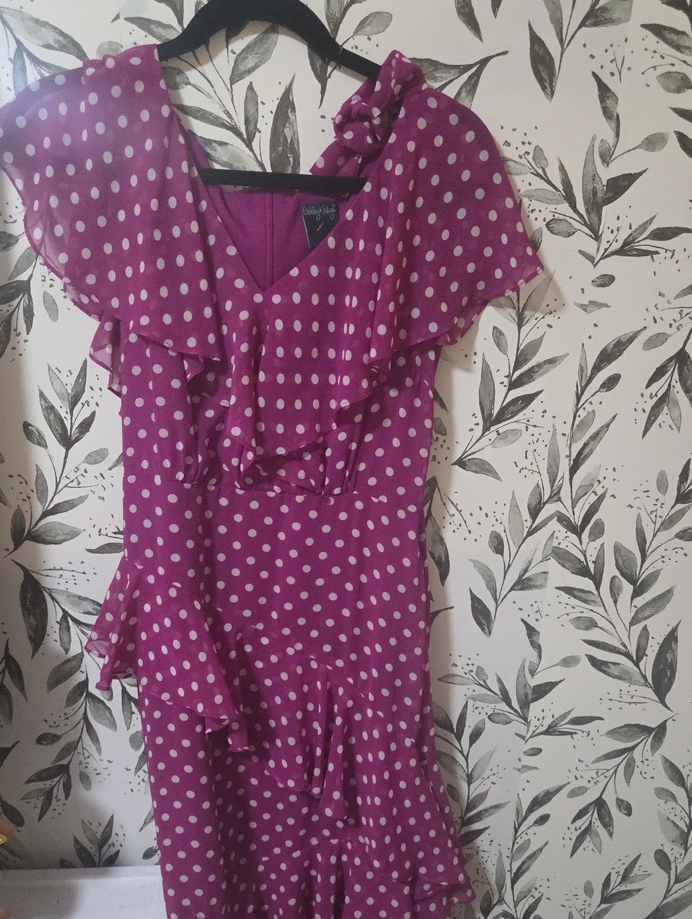 Gabby Skye Fuchsia Polka Dot Ruffle Midi Dress